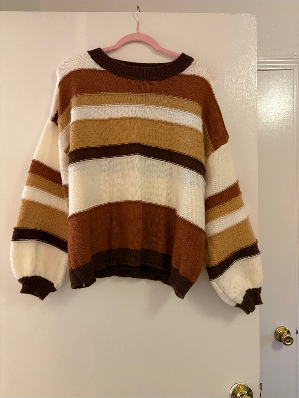 SHEIN Striped Crewneck Sweater in Cream, Tan & Brown